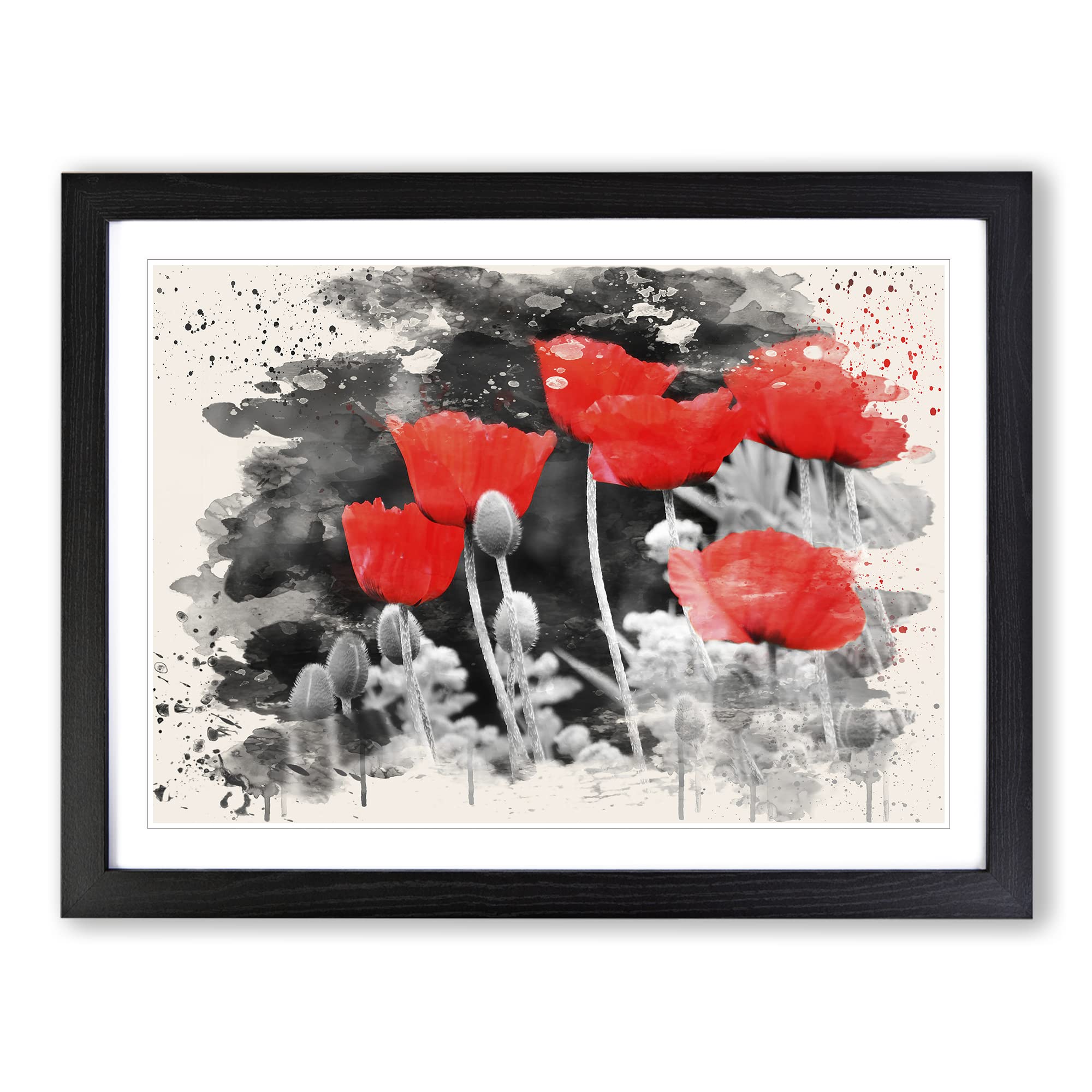 Red PModern OPpy Field Flowers No.7 Modern FC Framed Print | A4 Black Framed Wall Art | Ready to Hang | Modern Floral Picture | Living Room Bedroom Lounge Office