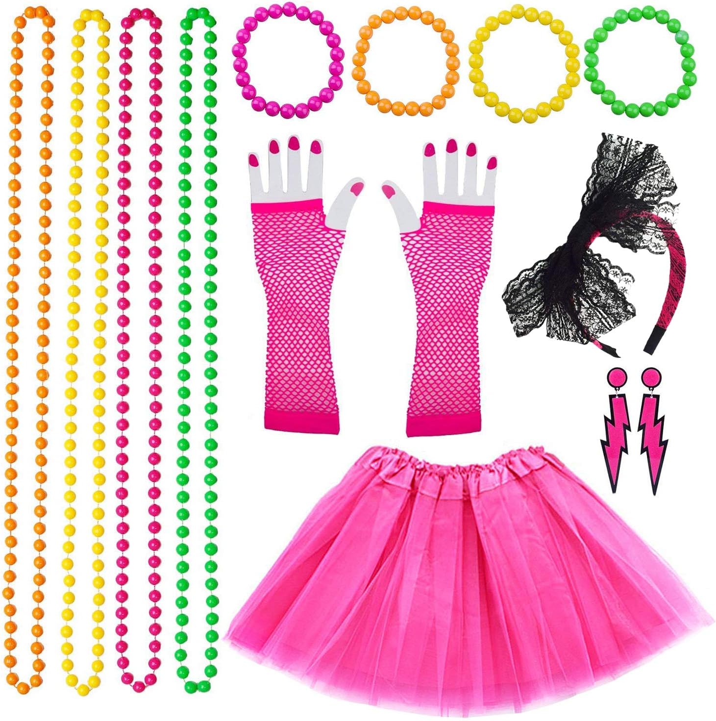 MMTX VSTON 80s Fancy Dress Costumes for Women Girls Adults, 80s Women Dresses Party Accessories Neon with Tutu Skirts Lightning Earings Headband Fishnet Gloves Necklace Beads 1980s Party Costume Set