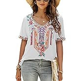 gosiea Women's Summer Embroidery Mexican Bohemian Cotton Tops Shirt Tunic Blouses