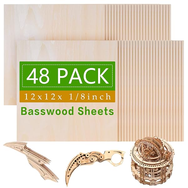 48 PACK BASSWOOD SHEETS,12 X 12 X 1/8 INCH,3MM BASSWOOD PLYWOOD SHEETS WITH SMOOTH SURFACES, UNFINISHED WOOD FOR LASER CUTTING, WOOD BURNING,DRAWING, ARCHITECTURAL MODELS AND DIY WOOD CRAFTS(48)