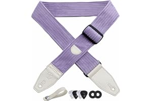 YIKOKO Guitar Strap, 2" Corduroy Full Grain Leather End Guitar Straps for Bass, Electric and Acoustic Guitars, Complimentary Strap Button, 1 Pair of Strap Locks and 4 Guitar Picks - Taro Purple