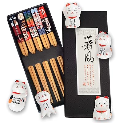 Eetstokjes en eetstokhouder, Cat eetstokhouder | Japanse stokjes | Lucky Cat eetstokjes Resthouder 5 Katten | Lucky Cat eetstokjes, Japanse eetstokje met Lucky Cat Rest (zwart)