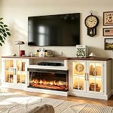 98" Farmhouse TV Stand with Fireplace, White &amp; Black | Electric Fireplace Entertainment Center, Large Storage Cabinets, Adjustable Shelves, Fits TVs up to 100", for Living Room