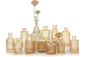 SUPMIND 12pcs Glass Bud Vase Set, Small Gold Amber Flower Vases for Centerpieces in Bulk, Mini Vintage Vase for Wedding, Home,Table Decoration