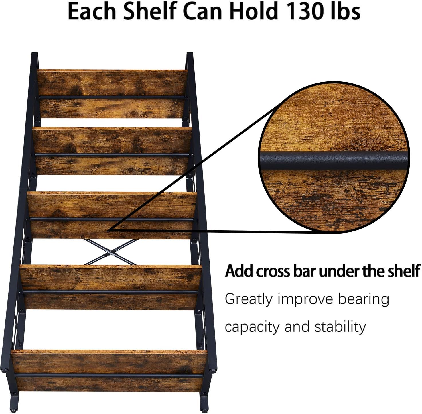 OIAHOMY Industrial Bookshelf，5-Tier Vintage Bookcase and Bookshelves，Rustic Wood and Metal Shelving Unit，Display Rack and Storage Organizer for Living Room, Rustic Brown: Furniture & Decor