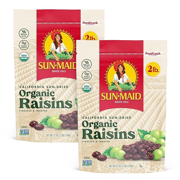 SUN-MAID ORGANIC CALIFORNIA SUN-DRIED RAISINS – (2 PACK) 32 OZ RESEALABLE BAG – ORGANIC DRIED FRUIT SNACK FOR LUNCHES, SNACKS, AND NATURAL SWEETENERS