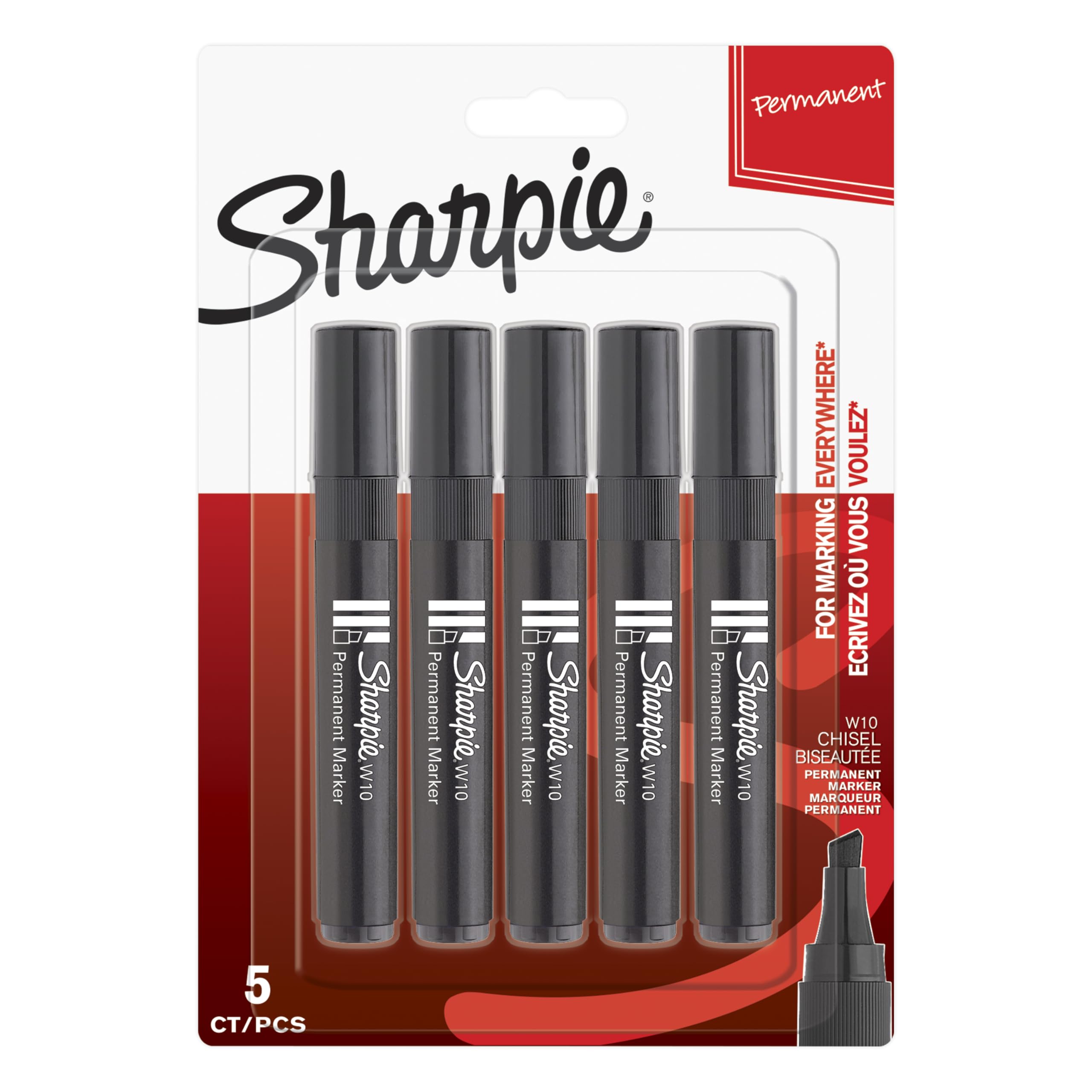 Sharpie W10 Permanent Markers | Chisel Tip | Black | 5 Count