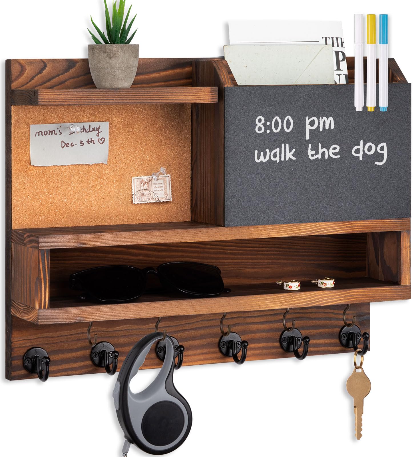 Photo 1 of Key Holder for Wall Mount with Mail Organizer, Farmhouse Key Holder for Wall with Shelf, Chalkboard&Corkboard, Entryway Organizer 11 Metal Hooks, Decorative Natural Pine Wood, 14.6*11.1*3.3”, A-Brown