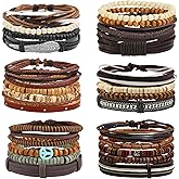 MILAKOO 26Pcs Black&Brown Braided Leather Bracelet for Men Women Cuff Beaded Bracelet Adjustable