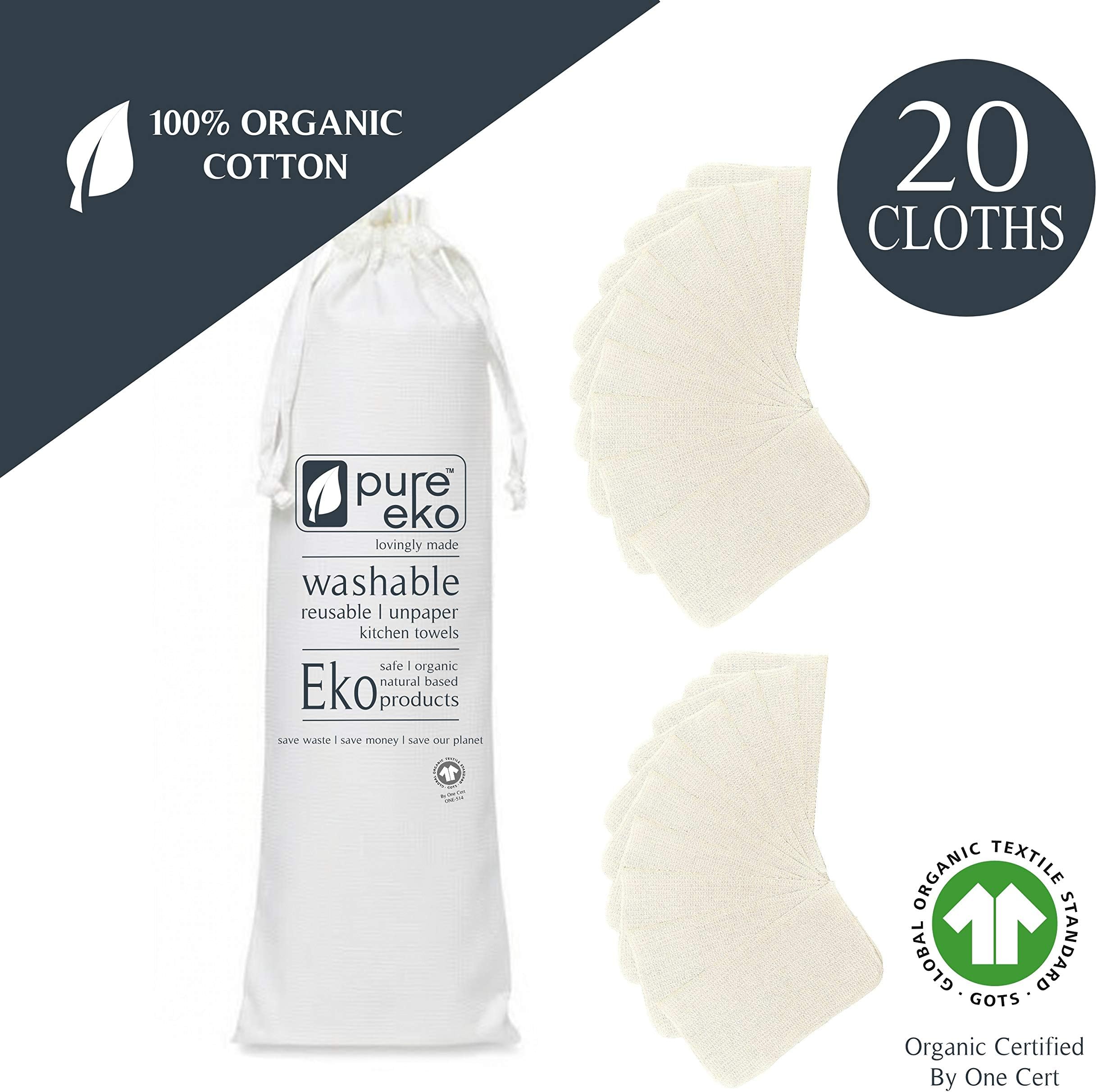 Large Reusable Unpaper Towels, Eco Friendly, Multi-use 100% Organic Cotton Cloths. Biodegradable, Washable, Reusable & Absorbent Paperless Kitchen Roll. Great Bamboo Paper Towel Alternative (20)