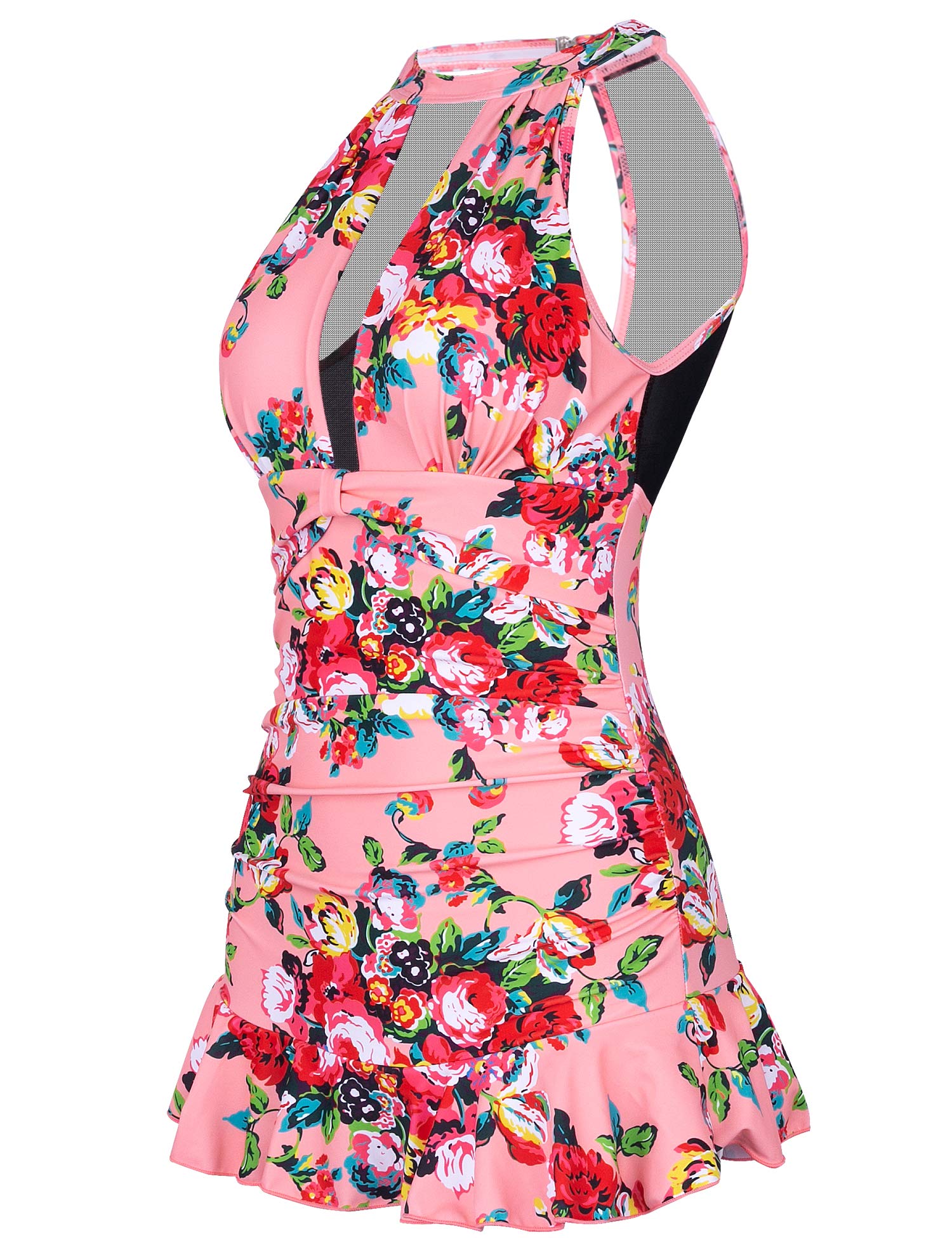 MarinaVida Women\'s One Piece Swimsuits V-Neck Mesh Shaping Swimwear Ruched Monokini Tummy Control Skirted Bathing Suits