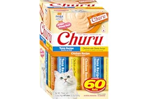 INABA Churu Cat Treats, Grain-Free, Lickable, Squeezable Creamy Purée Cat Treat/Topper, 60 Servings, 3 Flavor Tuna & Chicken Variety Box