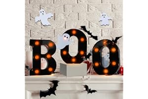 Kenburg Halloween Decorations Indoor - 3 LED Marquee Light up Letters Boo Sign with 12 Ghost Stickers and 12 Bat Stickers, Spooky Halloween Decor for Tabletop, Wall, Kitchen, Fireplace, Party