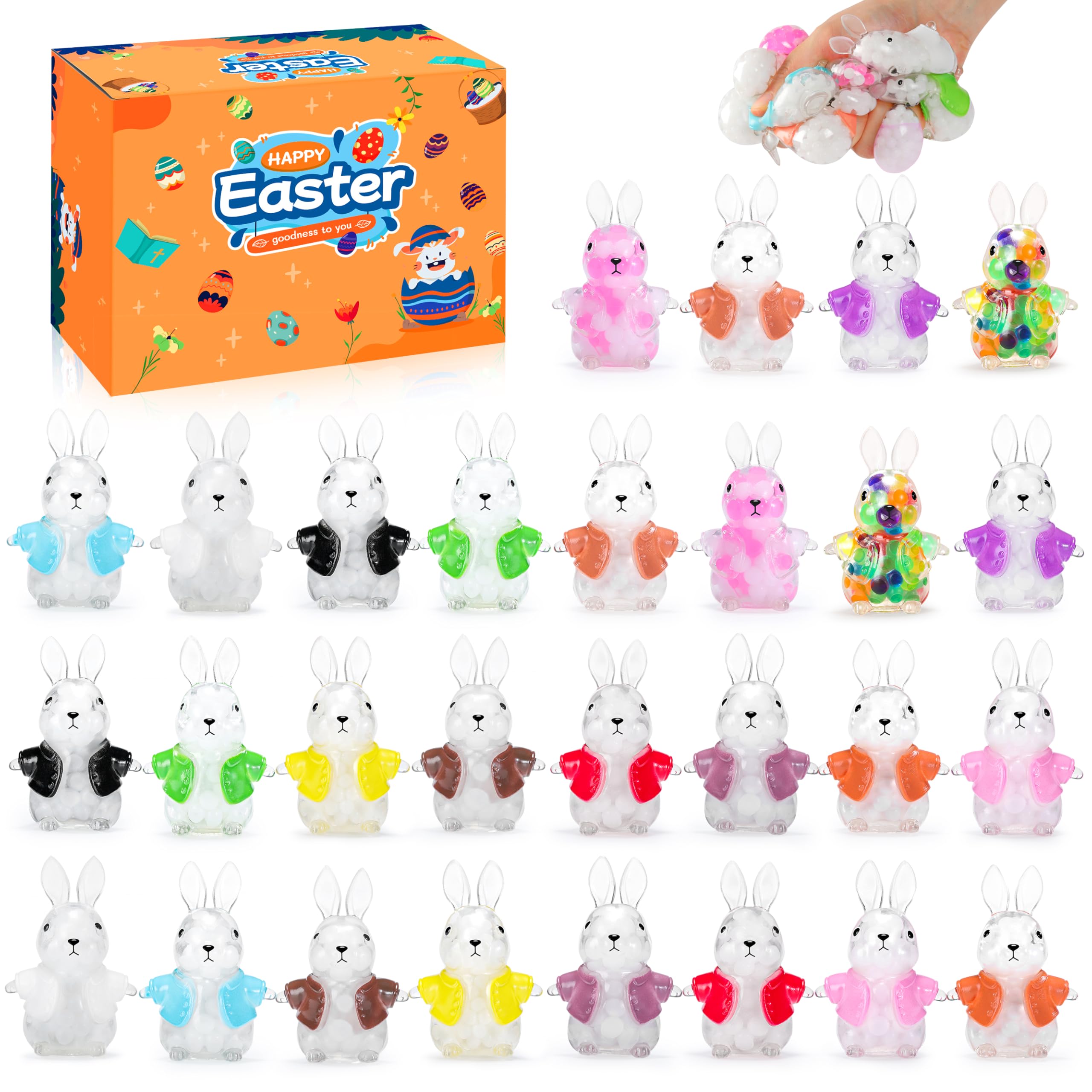 28PCS Easter Bunny Squishy Toys - Easter Basket Stuffers & Egg Fillers, Sensory Stress Relief Fidget Toys for Kids Adults - Colorful Party Favors Decorations