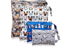 FLOCK THREE 4pcs Waterproof Wet Bag Reusable for Wet Clothes Baby Diapers Stroller Swimsuit Travel Reusable toiletries Pouch Small and Larger Electronics case 4 Pack (Cute Dog)