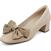 JENN ARDOR Comfortable Low Chunky Dress Shoes for Women Bow Knit Closed Square Toe Heels Casual Slip on Block Pumps for Wedding Party Business Work Office