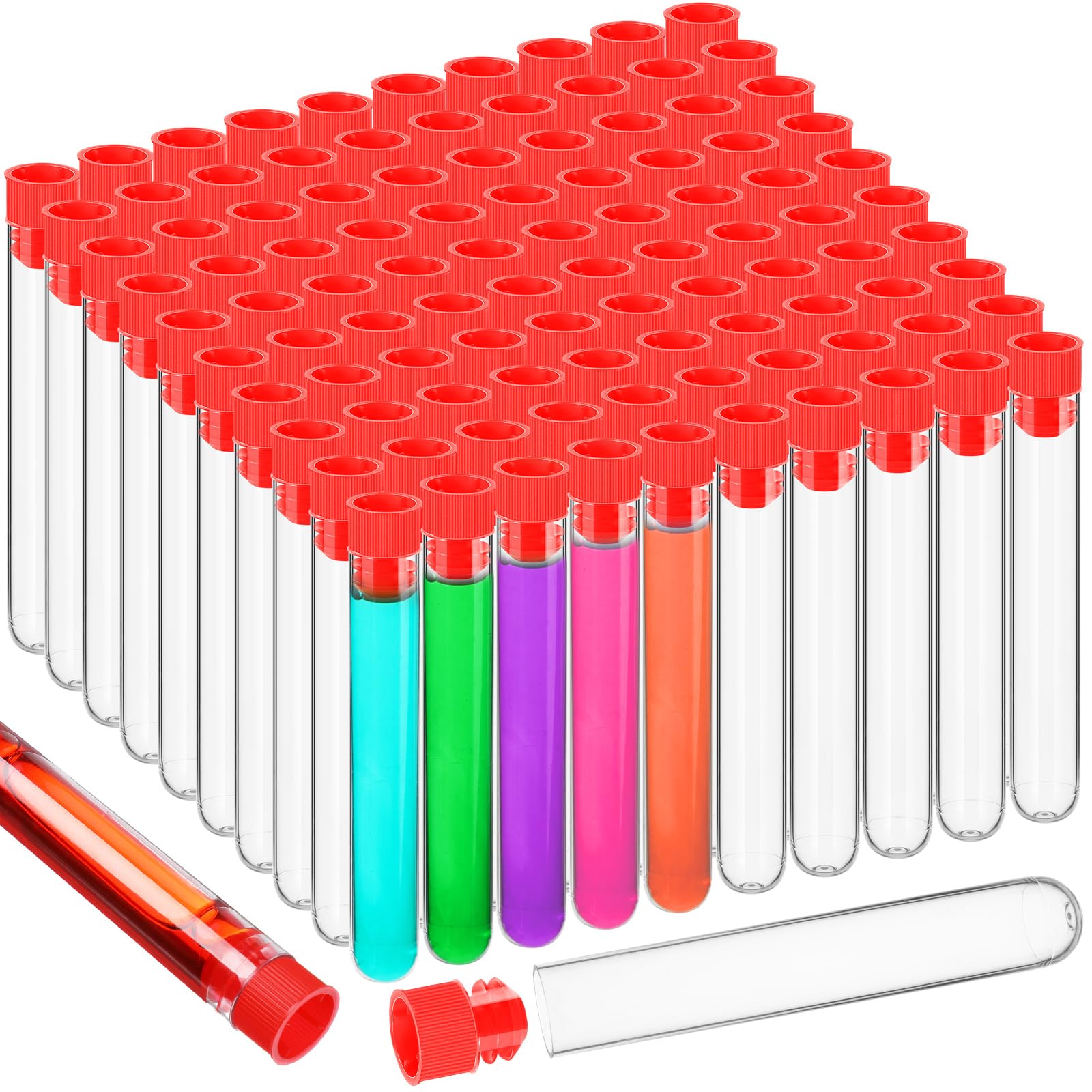 Photo 1 of Relaxweex 100 Pcs Plastic Test Tubes Clear 16 x 100mm Test Tube with Caps for Lab Plastic Vials Joint Container for Plants Beads Party Nurse Halloween Party Favors Decorations(Red)