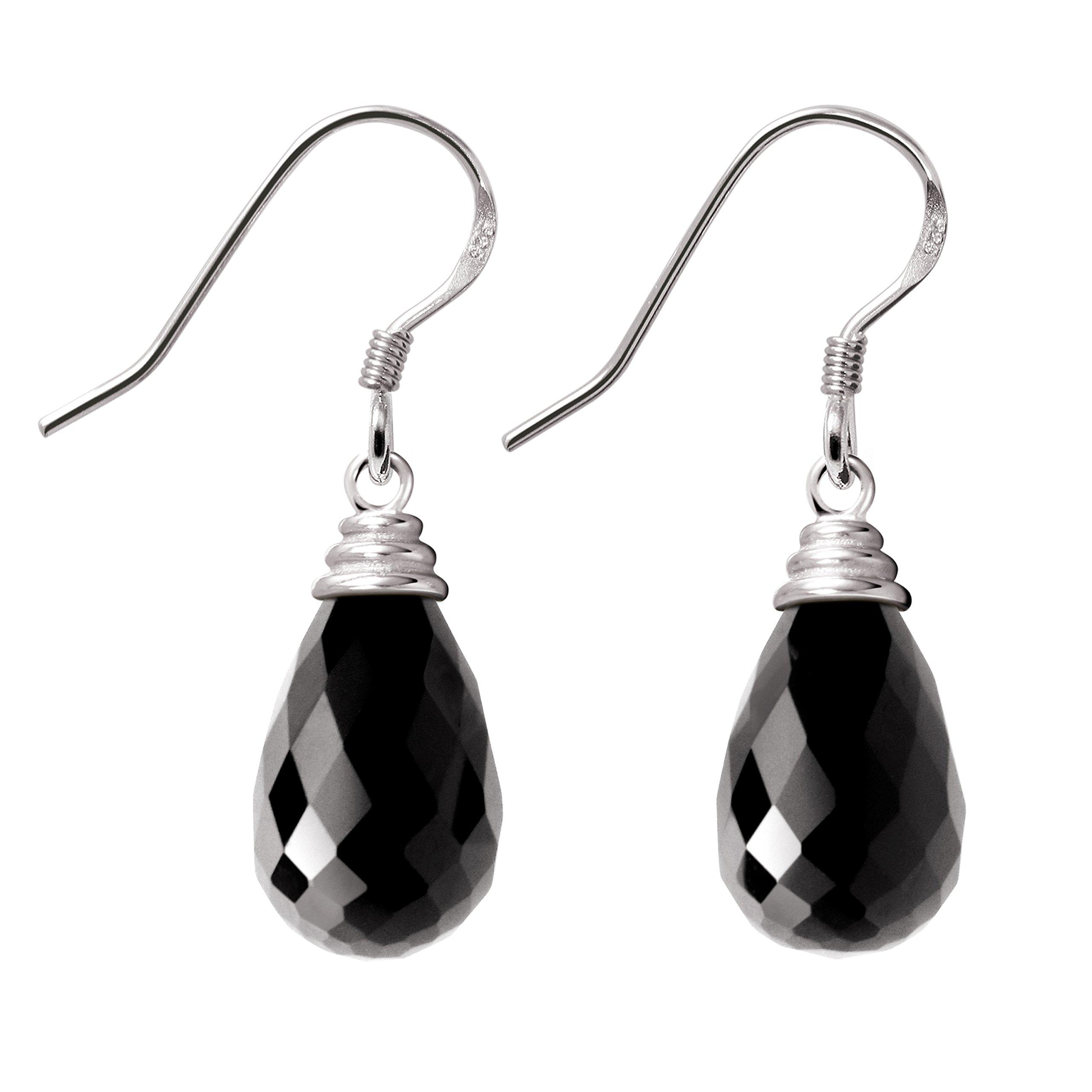Franki Baker Woman 925 Sterling Silver Natural Pear Shaped Black Agate Gemstone Drop Earrings. Length: 3cm