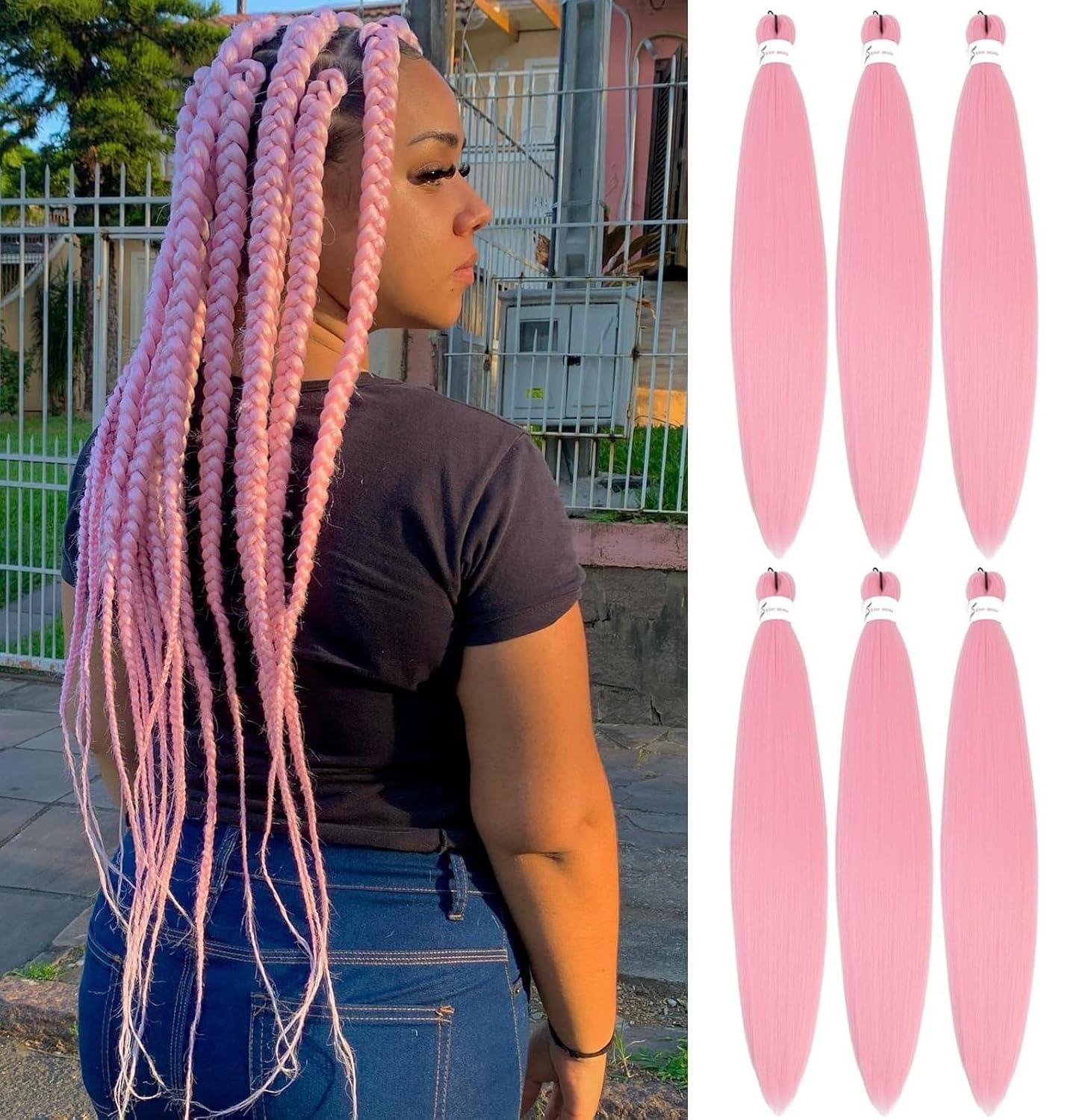 Pre Stretched Braiding Hair Pink Braiding Hair Extensions For Braids 26 Inch 6 Packs Yaki Textured Crochet Synthetic Hot Water Setting Crochet Extensions (26 Inch, Pink#)