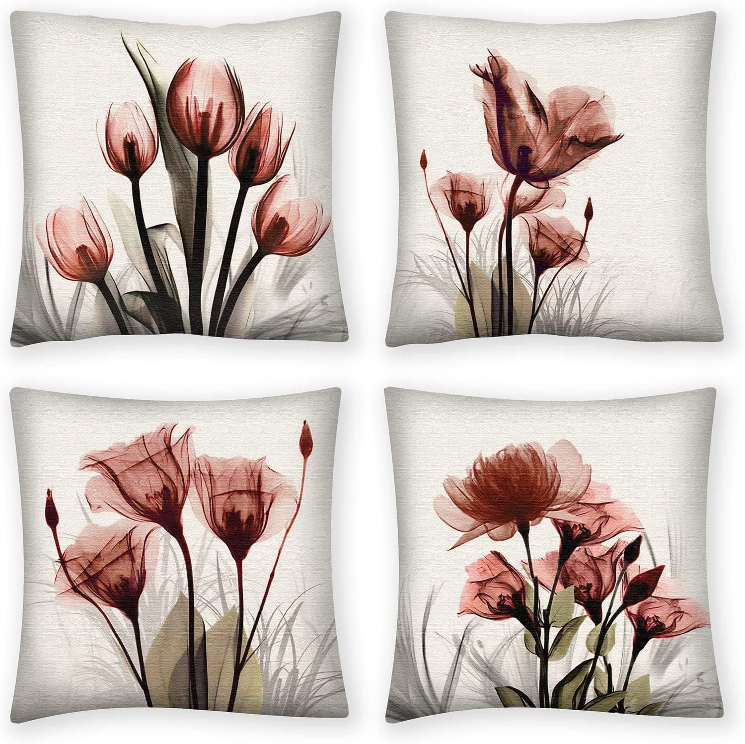 QUALKNOY Set of 4 Cushion Covers 18"x18" Red Flower Linen Modern Art Decorative Throw Pillow cases 45 x 45cm for Living Room Sofa Outdoor Pillowcases โ image 1