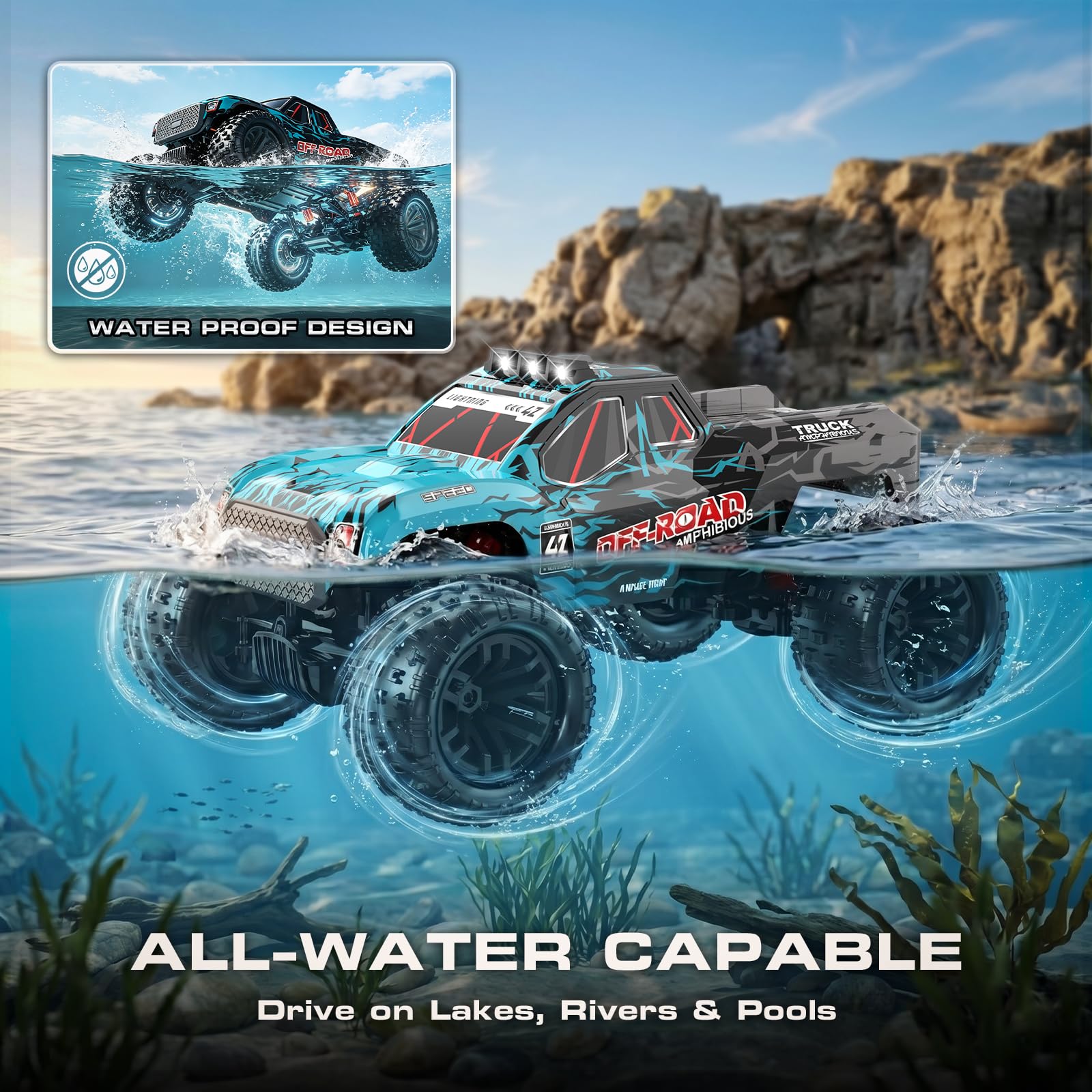 YESHIN Amphibienfahrzeug Ferngesteuertes Auto 1:14, 4WD RC Auto Geländewagen mit Licht & 2 Akkus, 2,4GHz Monstertruck Geschenk für Kinder Erwachsene Spielzeugauto für Sand, Wasser & Gelände 2