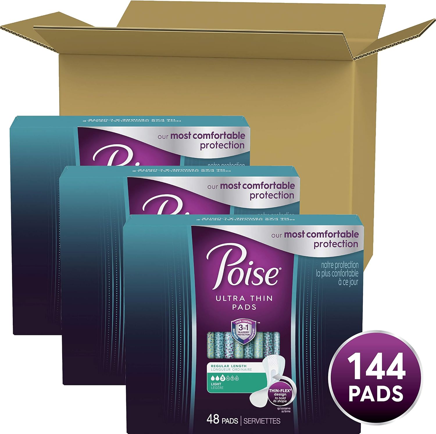 Poise Ultra Thin Incontinence Pads for Women, Light Absorbency, Regular Length, 144 Count (3 Packs of 48) (Packaging May Vary): Health & Personal Care