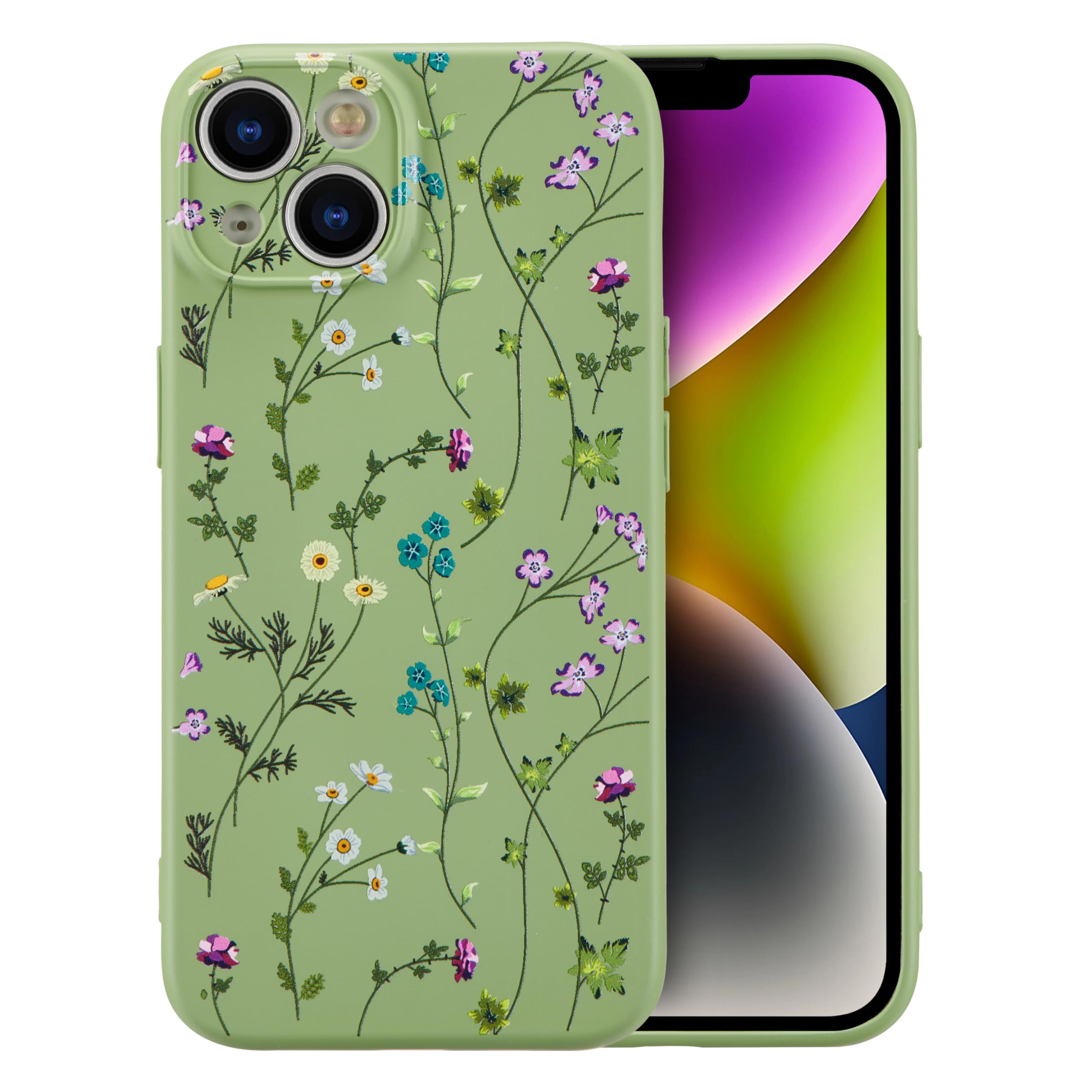 RALEAVO Flower Case for iPhone 14, Liquid Silicone Shockproof Protection Case Cover for Girls Women with Aesthetic Cute Floral Patterns Soft Slim Phone Case for iPhone 14 6.1"-Green — image 1