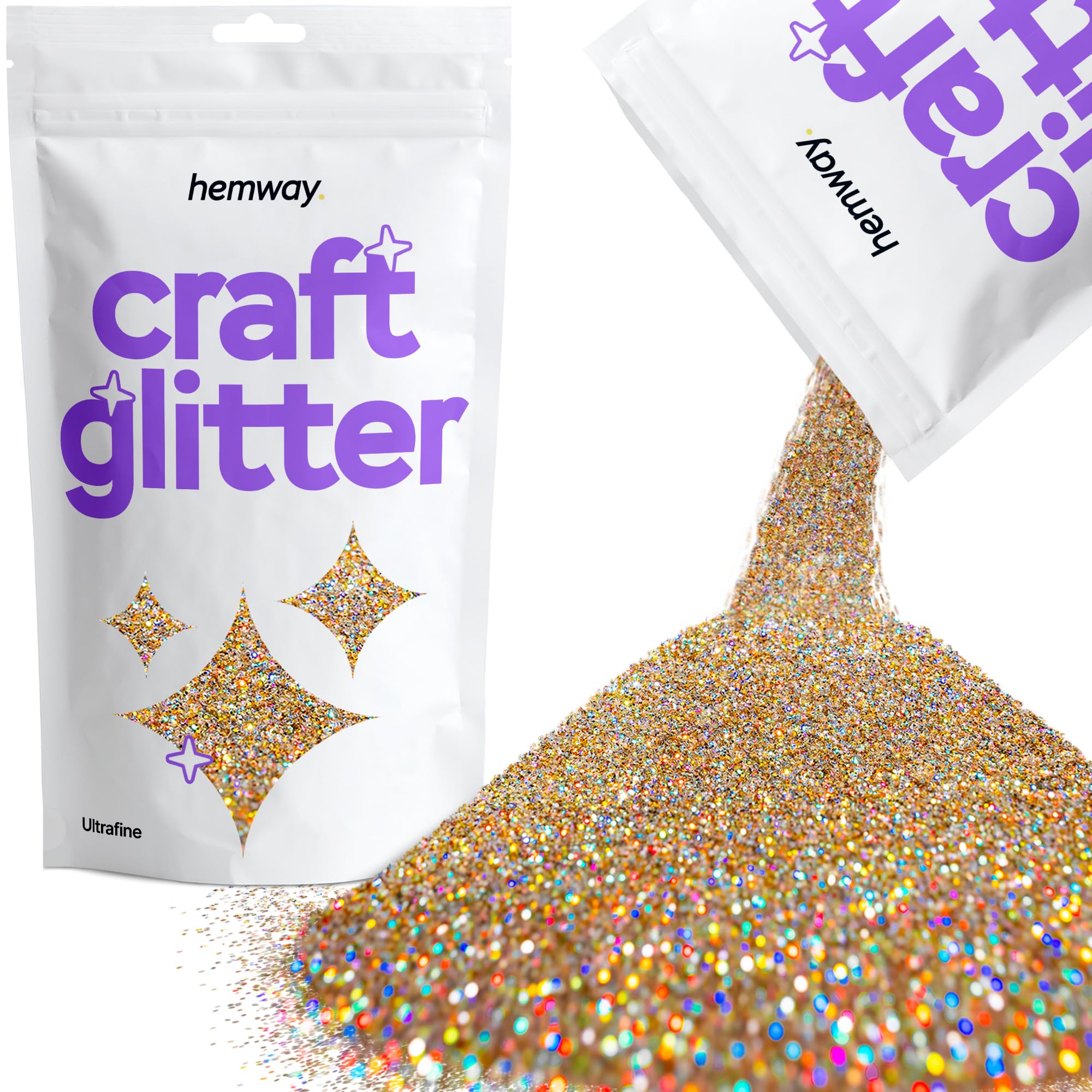 Hemway Craft Glitter Gold Silver Holographic 100g Ultrafine Glitter for Crafts, Resin, Cosmetic, Nail, Face, Body, Festival, Tumblers, Art, Candle, Crafting