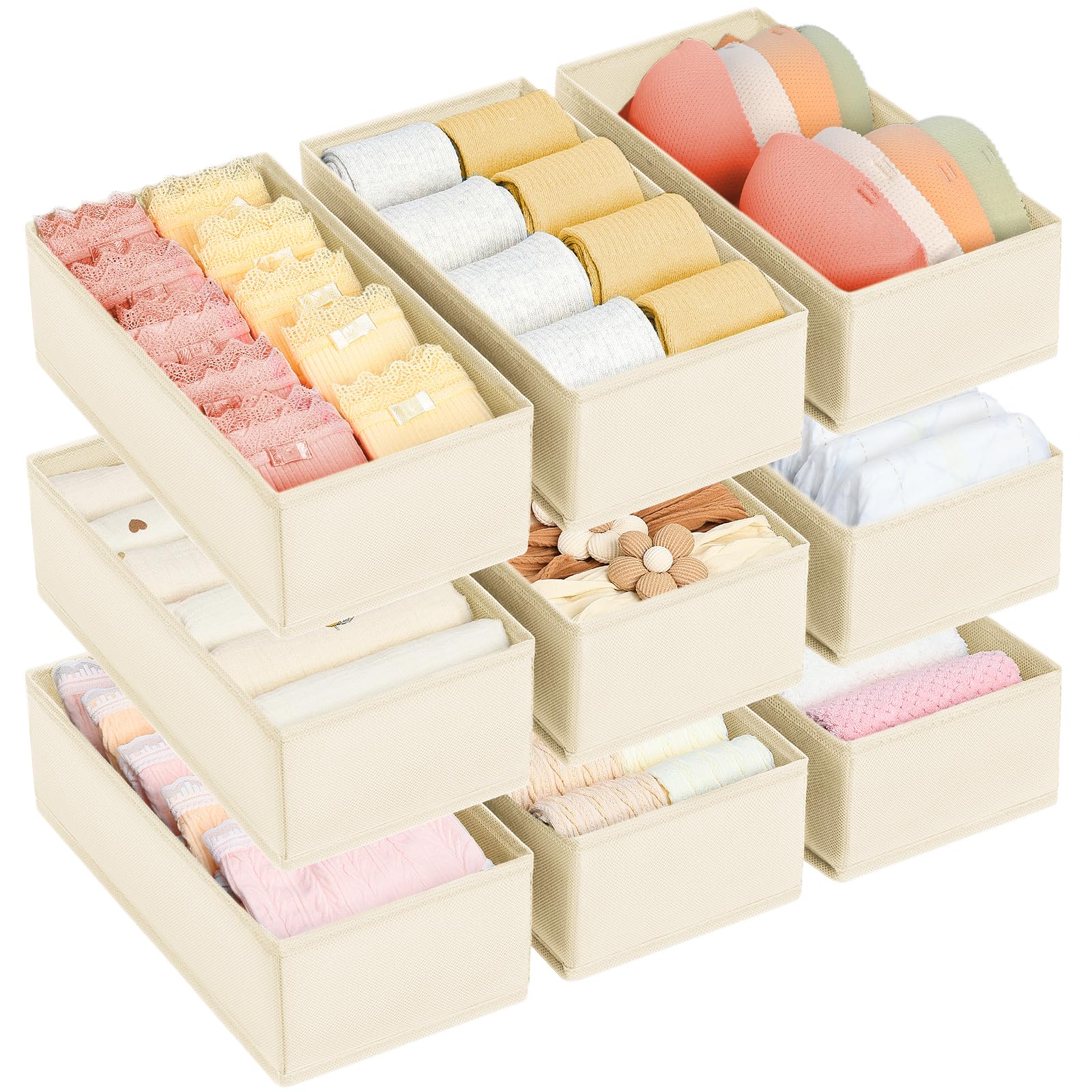 Photo 1 of DIMJ Drawer Organizer Clothes - Underwear Organizer Small Sock Organizer Closet Organizers and Storage Box Dresser Drawer Dividers for Baby Clothes, Bra, Socks, Belt, Tie, Set of 9, Beige