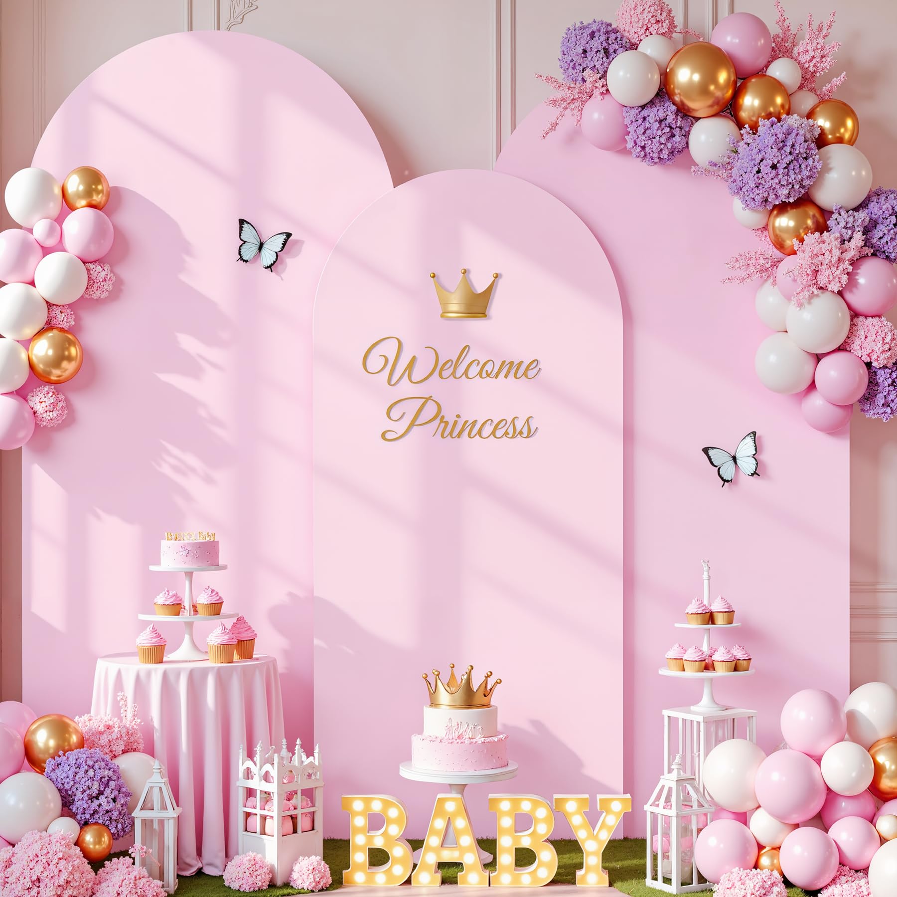 Photo 1 of Pale Pink Arch Cover 3 Set - 6FT, 6.6FT, 7.2FT Arch Backdrop Cover Spandex Fitted Baby Shower Arch Stand Covers for Girls Birthday Party Wedding Bridal Shower Banquet Photo Background Decorations