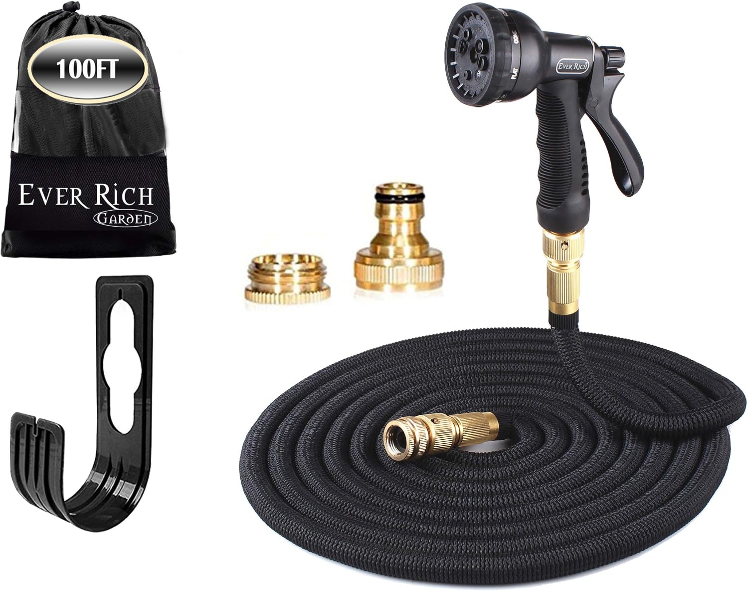 Ever Rich ® Black 100 Feet Newest Expandable Strongest Magic Hose Pipe with Brass Fittings & 8-pattern Spray Nozzle (BLACK HQ+HOLD)