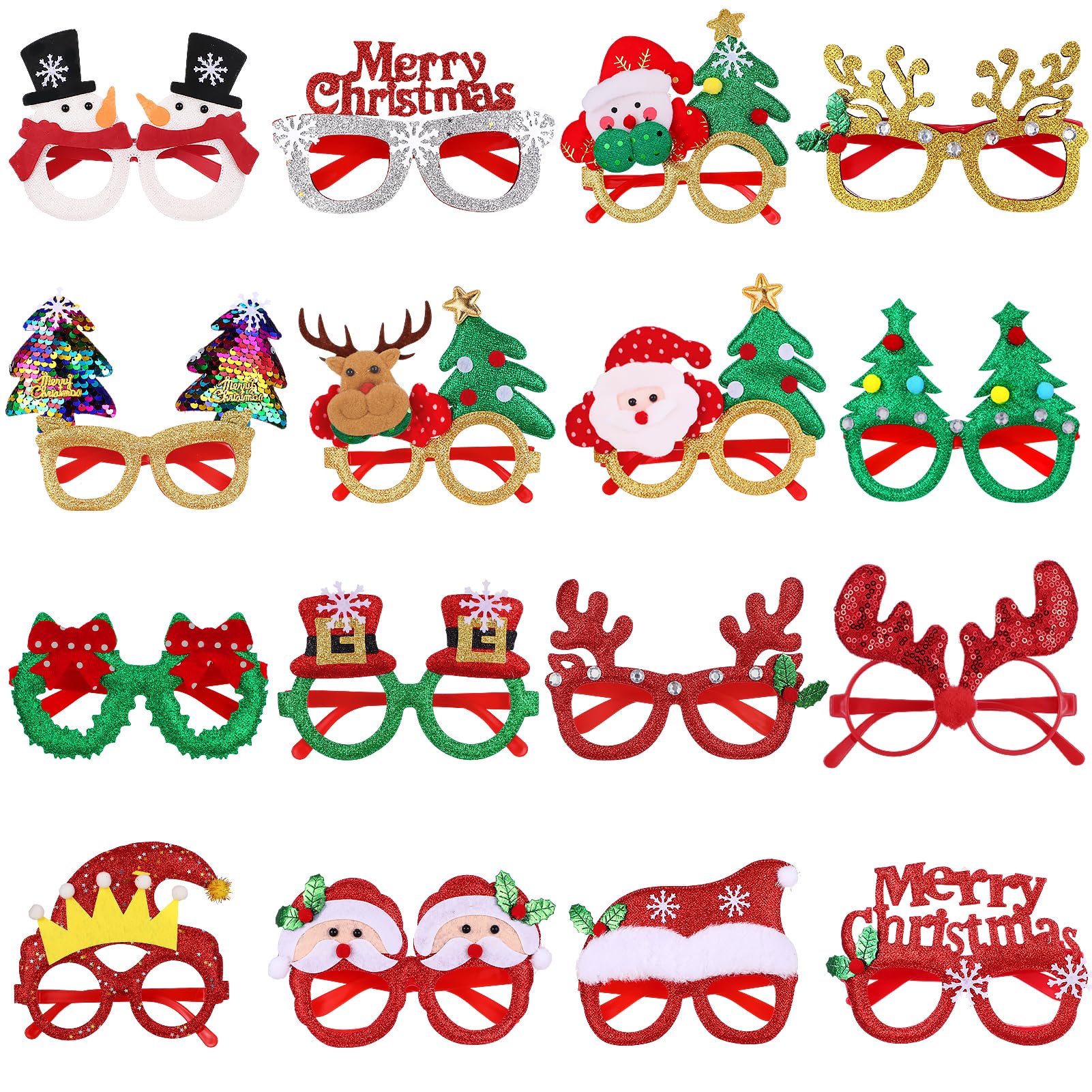 Photo 1 of 16Pcs Holiday Glitter Party Glasses Photo Booth Props Snowman Antlers Reindeer Shape Eyeglasses Bulk for Xmas Decorations Assorted Styles
