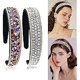 SHEHARUHI 2 Pieces Gorgeous Rhinestone Headbands Fashion Hair Accessories Glitter Sparkly Crystal Diamond Headbands for Girls Women(Silver, Rainbow)