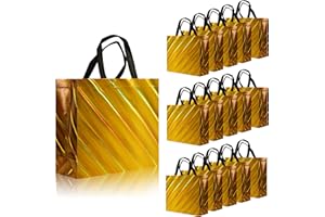 cabzymx 16 Pcs Unique Dazzling Yellow Gold Reusable Gift Bags with Handles & Bases, Non-woven Holiday Treat Bags Bulk for Birthday, Wedding, Easter, Party- 12.6x4.7x11 In