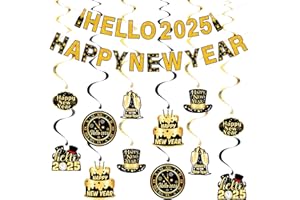 POILKMNI Happy New Year Banner - Black Gold Hanging Swirl New Years Eve Party Supplies 2025 Happy New Year Decorations 2025 Happy New Years Eve Party Decor