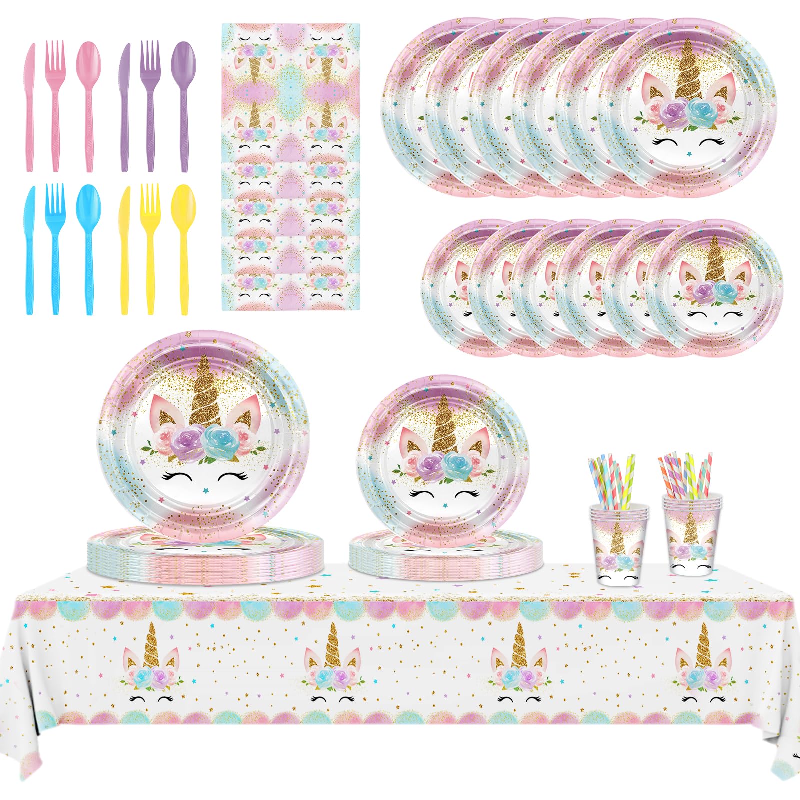 Photo 1 of Mocsicka Unicorn Birthday Decorations Kit Girls Pastel Rainbow Unicorn Party Decorations Supplies for 16 Guests Includes Plates, Napkins, Forks, Straws, Paper Cups