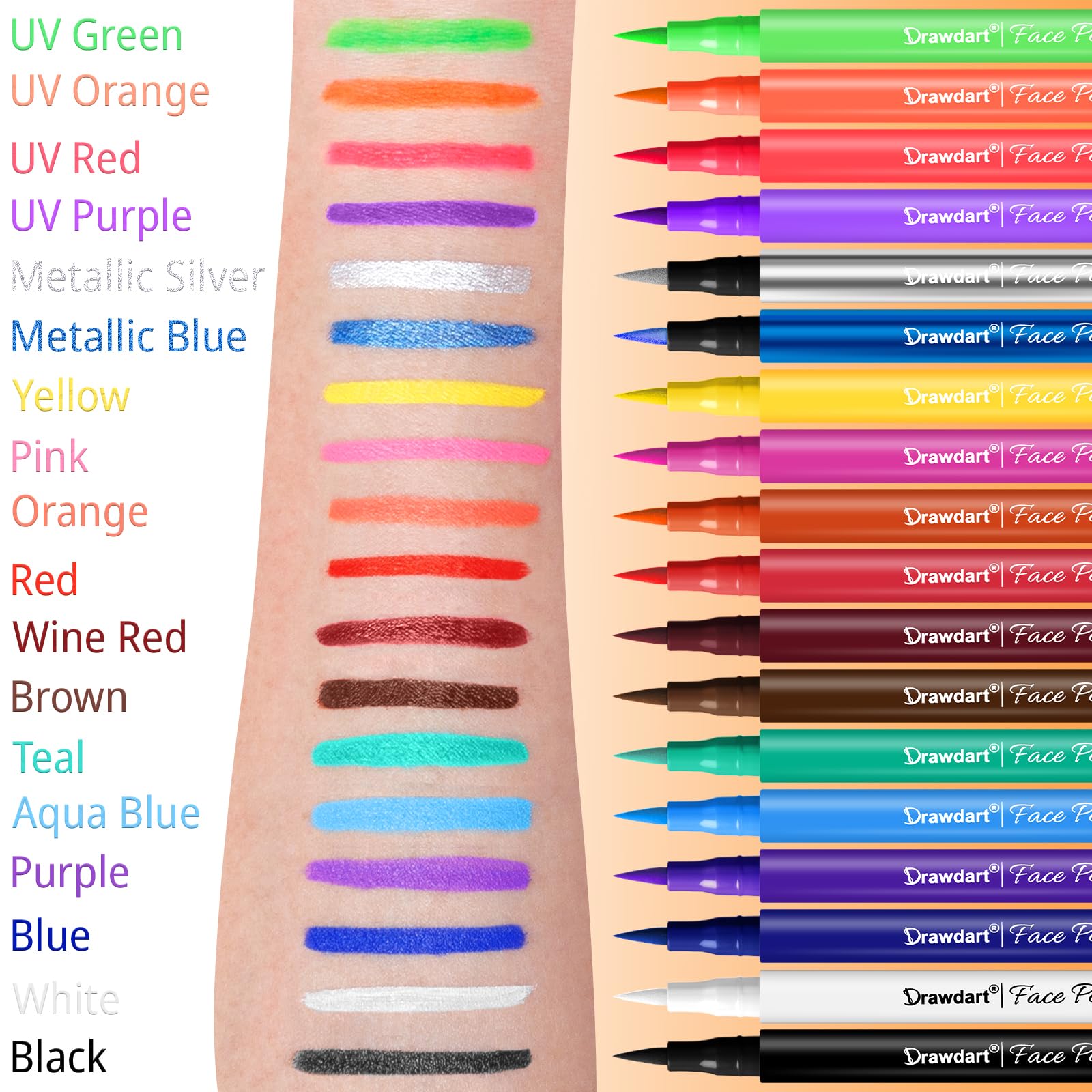 18 Colors Face Painting Markers - Water Resistant, Sweatproof, Waterproof Tattoo Pen for Halloween Body Paint - Anti-Smudge for Party, Kids, Adults