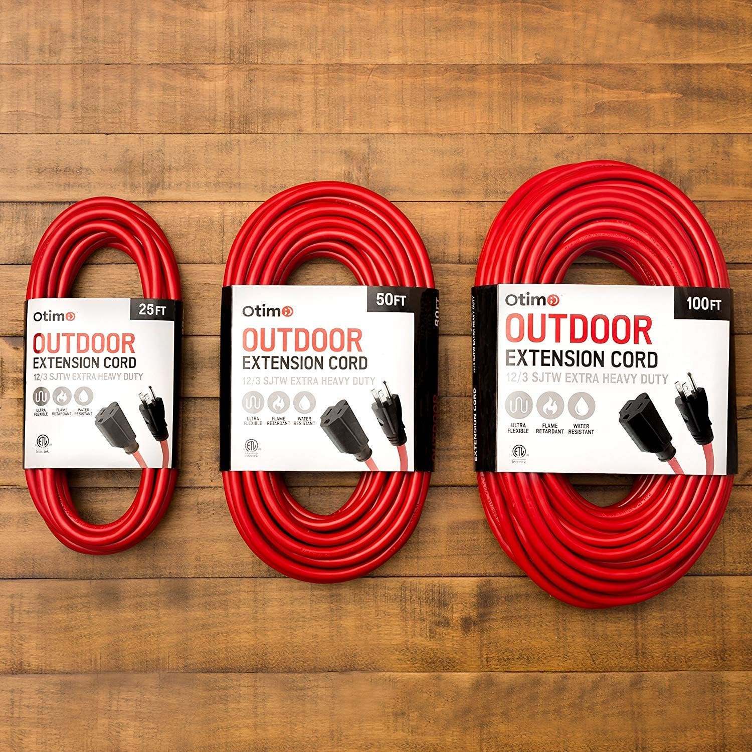 Otimo 25 ft 12/3 Outdoor Extra Heavy Duty Extension Cord - Professional Series - 3 Prong Extension Cord, Red - - 