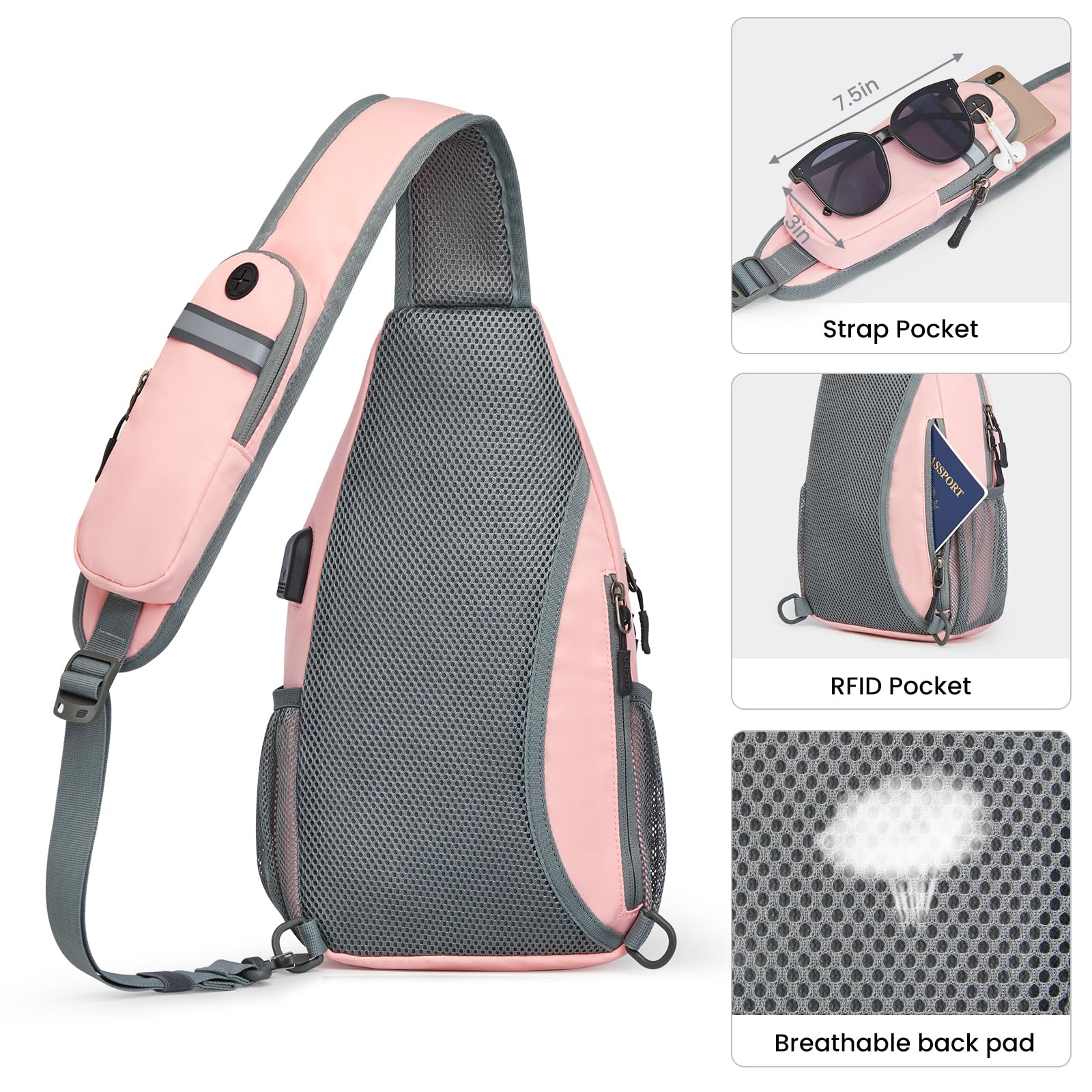 G4Free Sling Bag RFID Crossbody Sling Backpack with USB Charging Port, Travel Hiking Daypack Shoulder Chest Bag for Women Men(Pink)