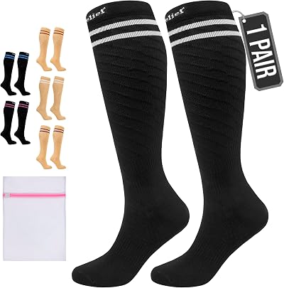 360 RELIEF 15-20 mmHg Compression Socks for Women Men Black with 2 White Lines
