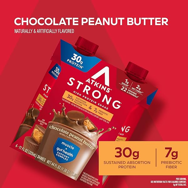ATKINS STRONG HIGH PROTEIN SHAKE, CHOCOLATE PEANUT BUTTER, 30G PROTEIN, 7G PREBIOTIC FIBER, MUSCLE & GUT HEALTH SUPPORT COMPLEX, 4 COUNT