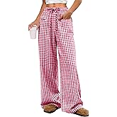 ANRABESS Womens Striped Gingham Pants 2026 Pajama Drawstring Wide Leg Lounge Plaid Pants Cute Casual Trousers with Pockets
