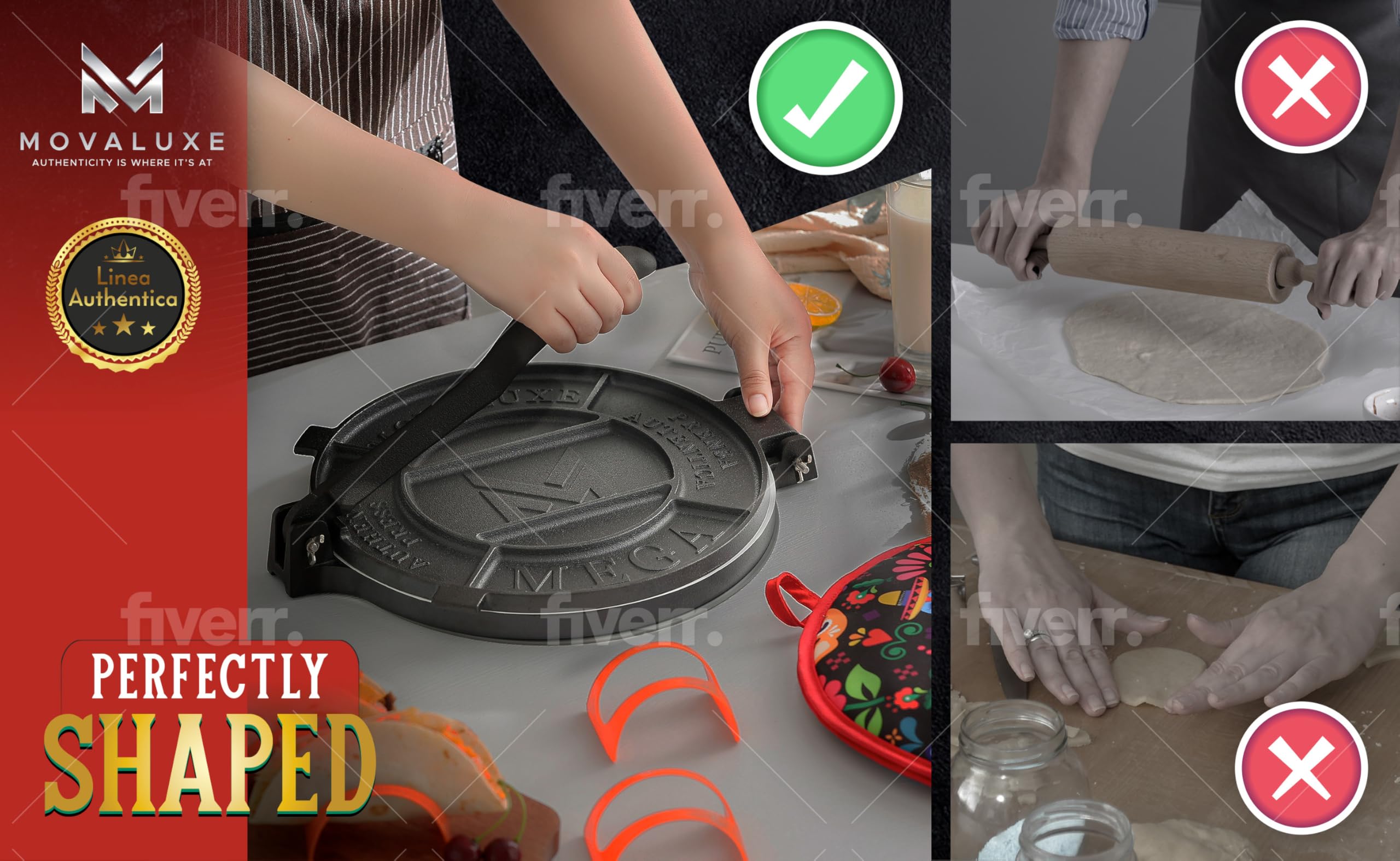 MOVALUXE® - Tortilla Press 12 inch Cast Iron Tortillas Maker. A Gift Set with a Warmer Pouch, 6 Taco Holders, Parchment Paper, Rubber Mat and Recipe E-book. The Perfect Roti, Chapati Dough Press