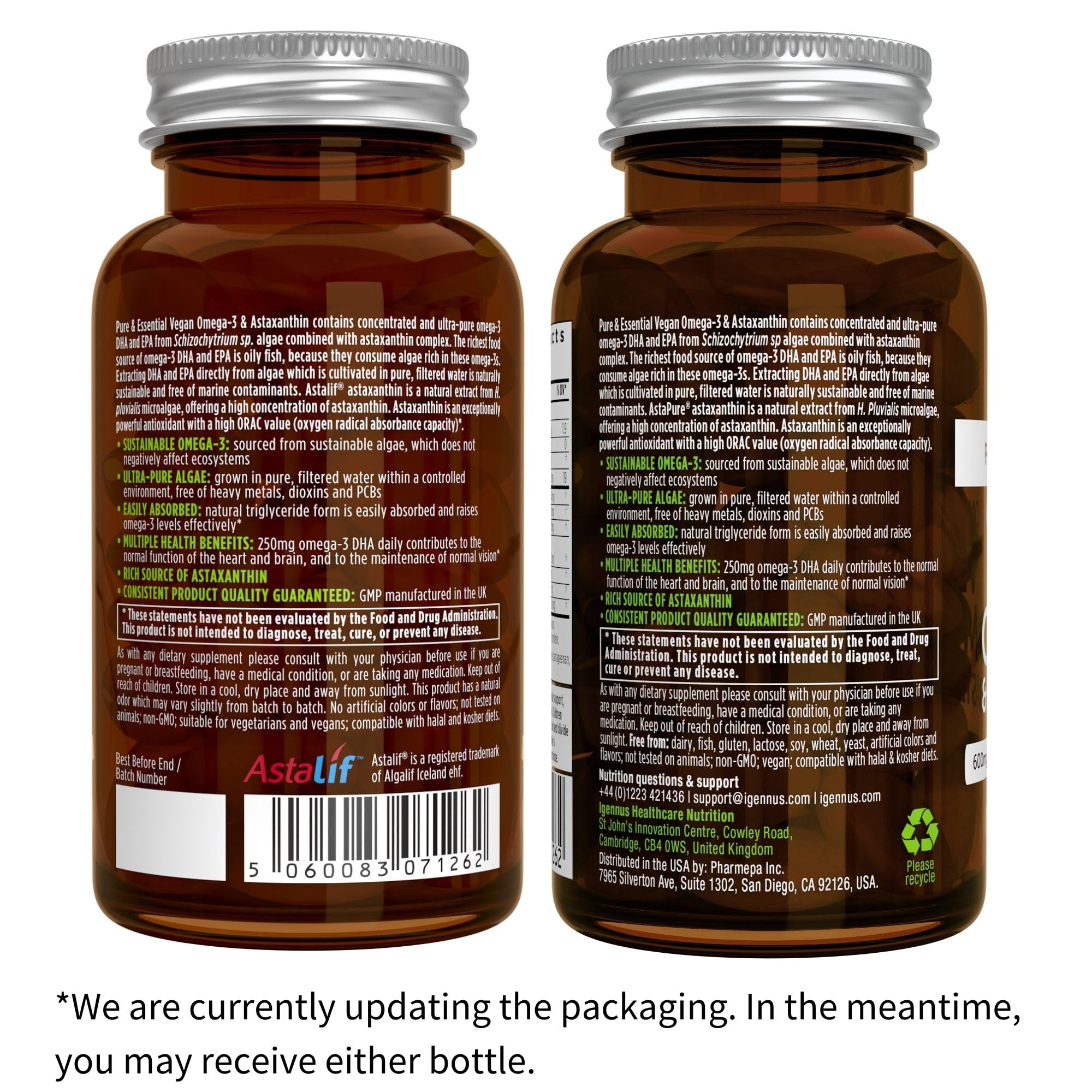 Igennus Vegan Omega-3 Natural Triglyceride Algae Oil, DHA & EPA Fatty Acid Supplement, 60 Small Softgels with Astaxanthin, Easy-to-Swallow, Pure & Sustainable, 30 Servings