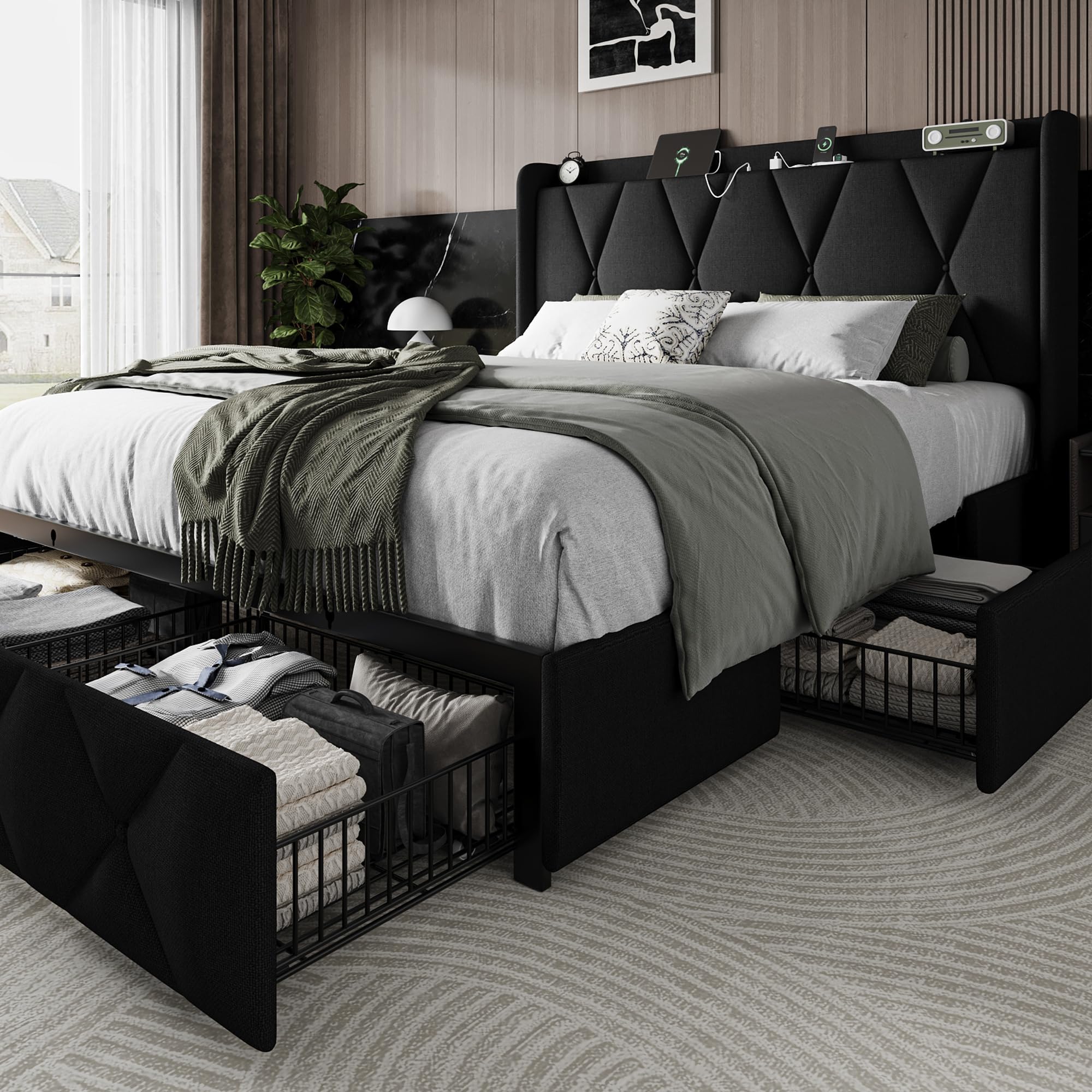 View 1 of *MISSING PARTS*
Einhomn Queen Bed Frame with 4 Storage Drawers and Charging Station, Upholstered Platform Bed Frame with Storage Headboard, No Box Spring Needed, Easy Assembly, Black