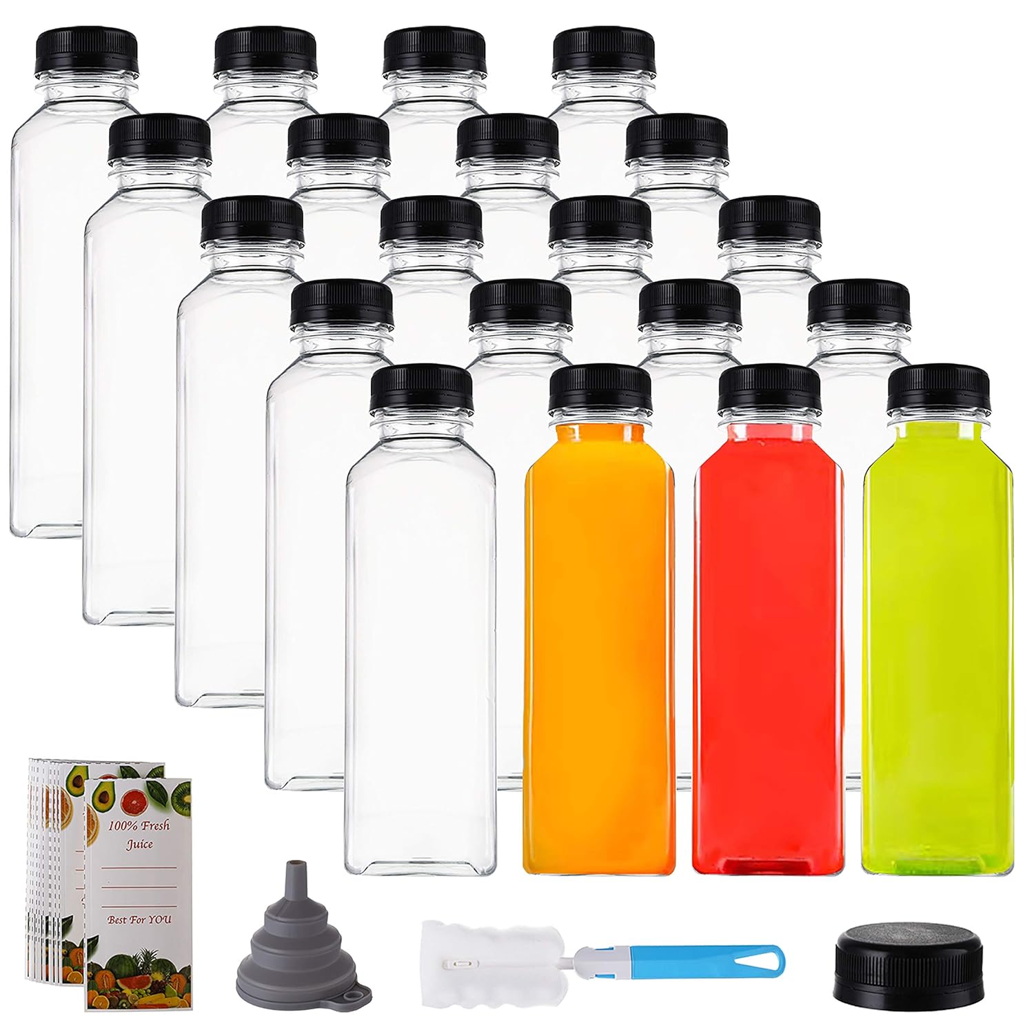 Cedilis 20 Pack 16oz Plastic Juice Bottles with Black Cap, Clear Reusable Containers with Lids, Great Disposable Bottles for Making Juice, Milk, Salad Dressing, Smoothie and Other Beverages