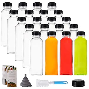 Cedilis 20 Pack 16oz Plastic Juice Bottles with Black Cap, Clear Reusable Containers with Lids, Great Disposable Bottles for Making Juice, Milk, Salad Dressing, Smoothie and Other Beverages