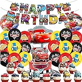 Lighting Cars Birthday Party Supplies, Race Car Party Decorations Set Include Banner, Cake Cupcake Toppers and Foil Balloons for Boys Girls Fans Cars Theme Party