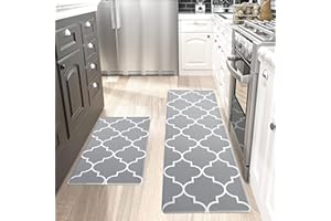 Tititex Boho Stylish Grey Kitchen Rug Sets [2 PCS] Cushioned Anti-Fatigue, Waterproof Non-Slip Kitchen Mats Heavy Duty PVC Ergonomic Comfort Foam Rug for Kitchen, Floor Home, Office, Sink, Laundry