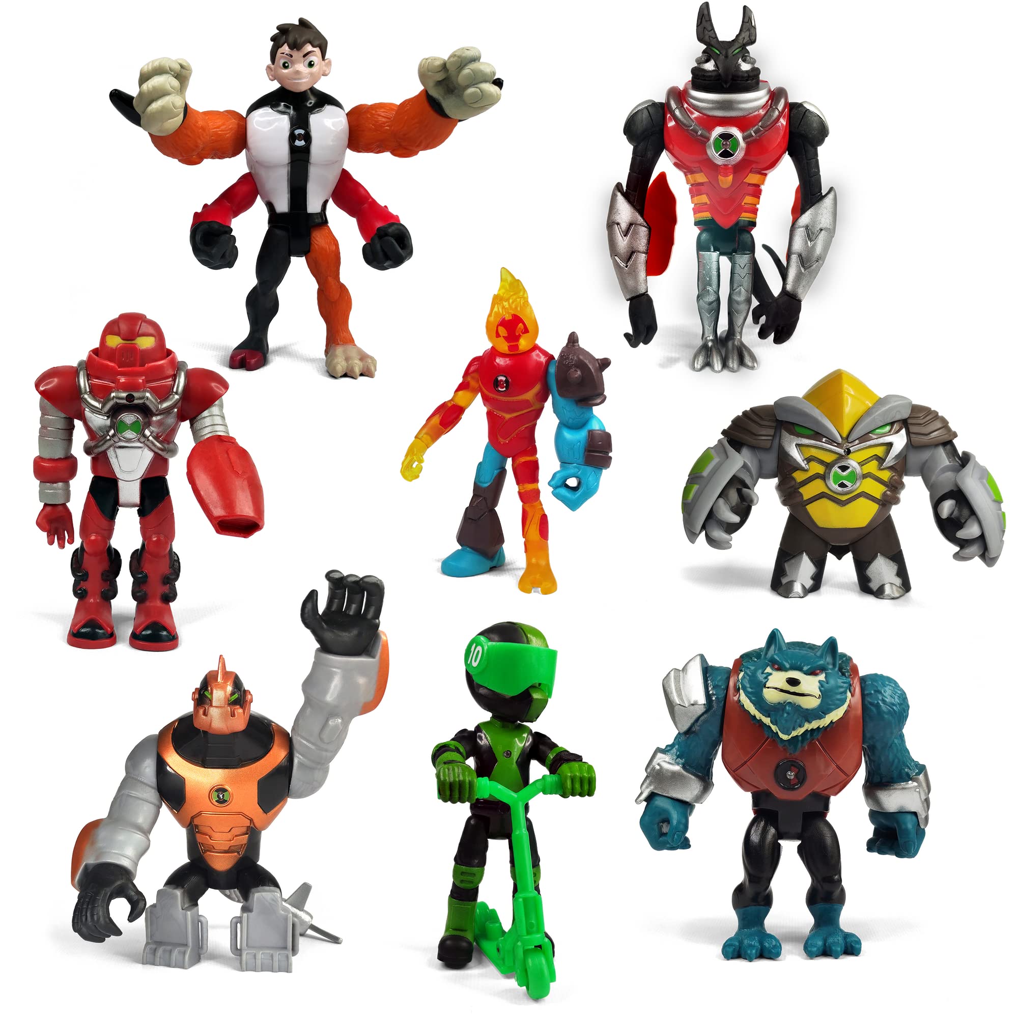 Photo 1 of Toysvill Protector of Earth Action Figures - 8 Figurines Set (Four Arms, Jetray, Overflow, Heatblast, Armored Cannonbolt, Humungousaur, Ben Tennyson, Bashmouth)